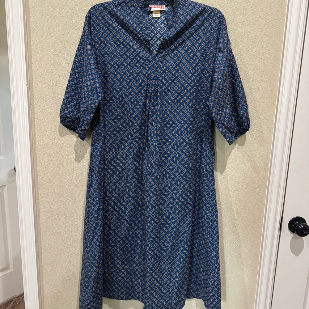 Vintage Leslie J Balloon Sleeve Dress Blue Cream Geo Print Pockets 11/12